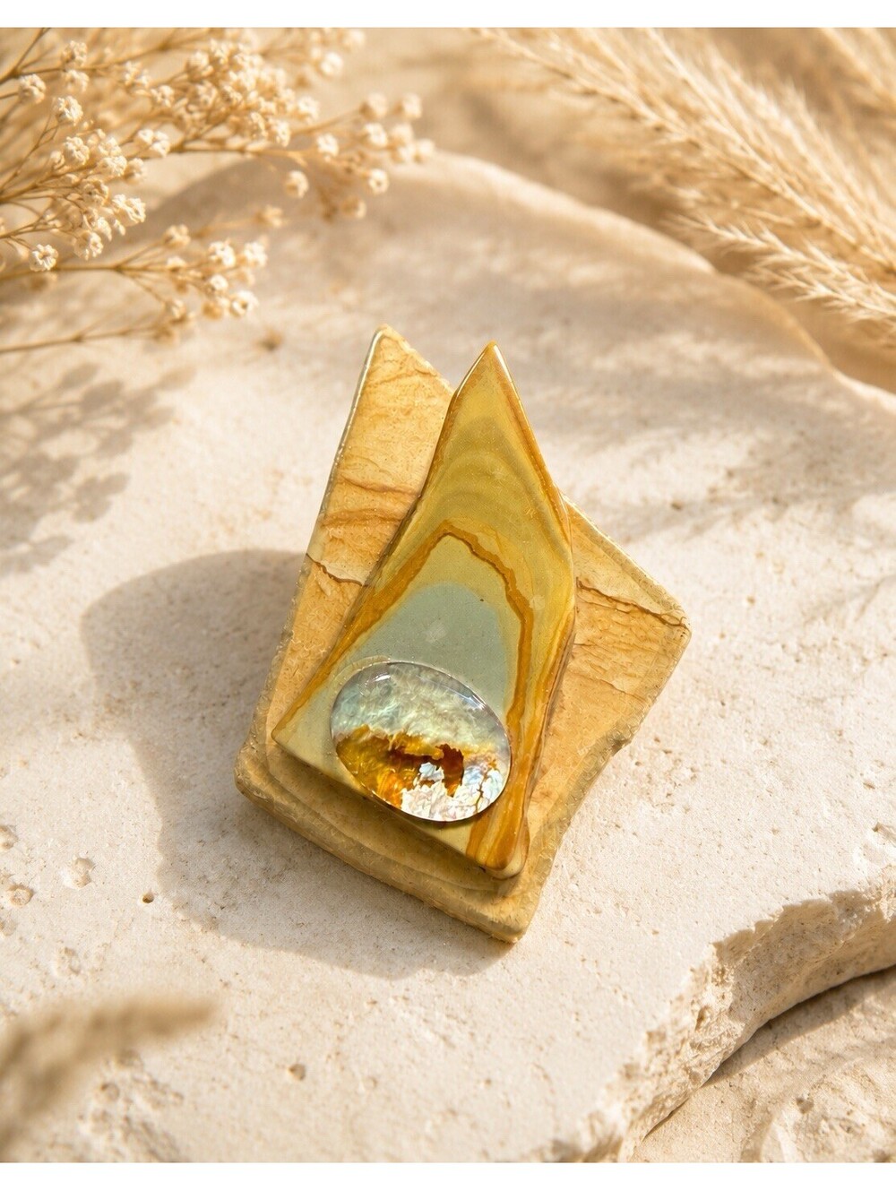 Artisan Vintage 1980s Freeform Brooch Picture Jasper Iridescent Cabochon, 2x3”